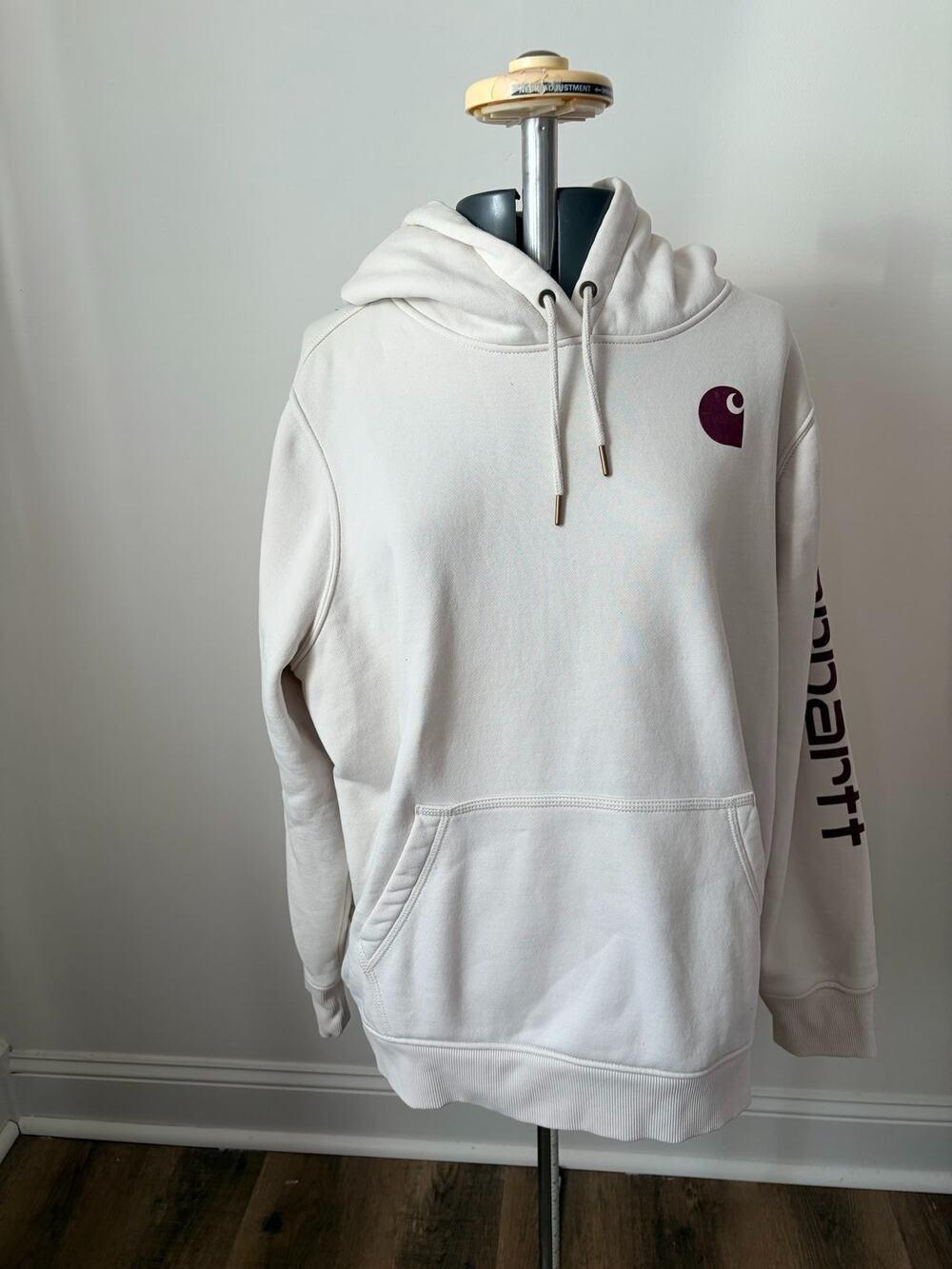 Carhartt Natural Off White Hooded Sweatshirt Burgundy Logo Sleeve Hoodie 2XL XXL